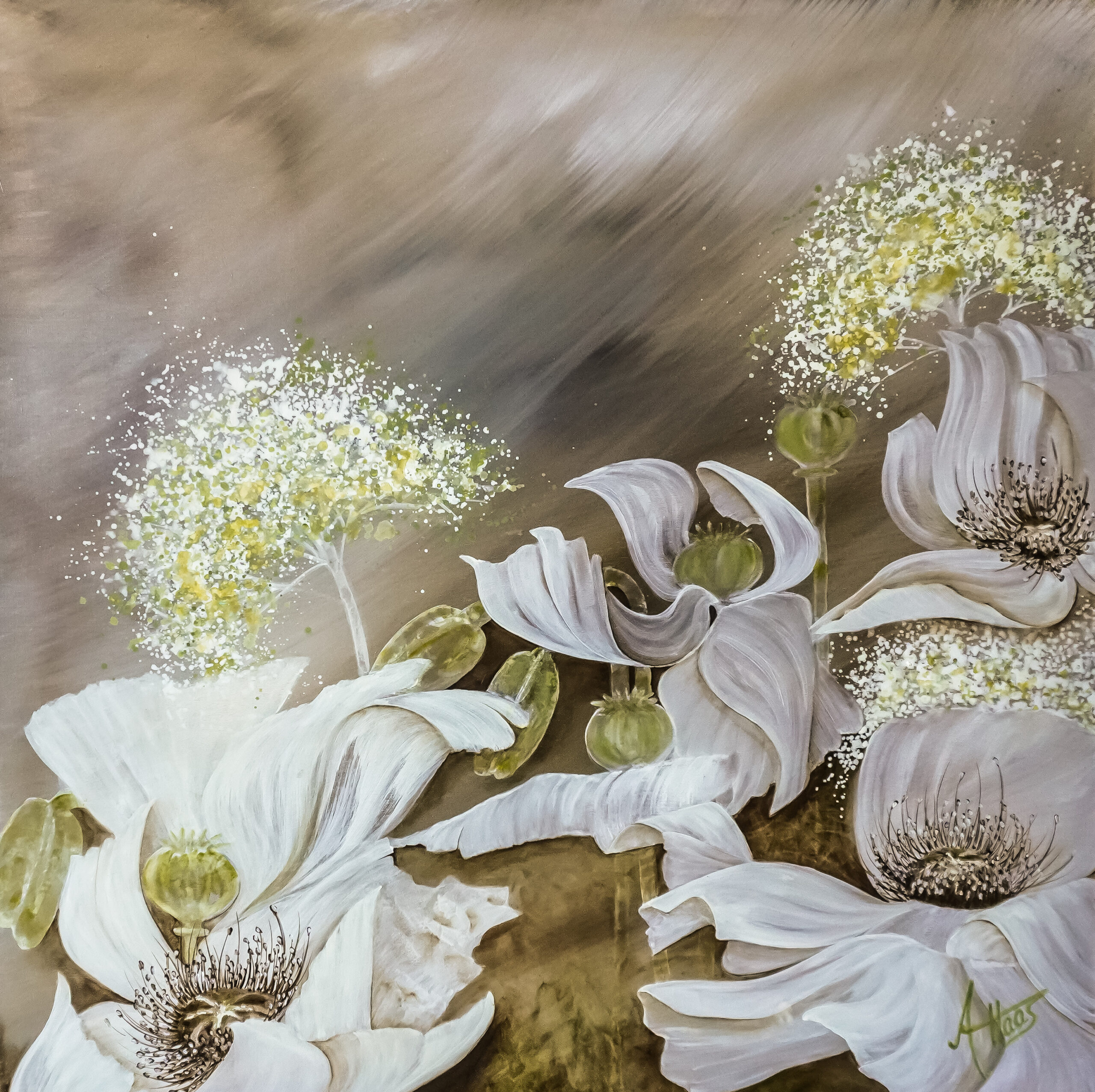 MOHN im WIND - Acryl auf Leinwand, An einem düsteren Sommertag wehen weiße Mohnblüten im Wind. Der Hintergrund ist beige-braun. Auf der Website Haas-Art.